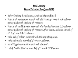TrayLoading
Donor ExtendedTray(NonDTT)
• Before loading the dilutions. Load 5ul of paraffin oil.
• Put 1 µl of neat serum in each well of 2nd and 3rd rows & A,B column
horizontally with the help of repeater.
• Put 1 µl of 1:2 dilution in each well of 2nd and 3rd rows & C,D column
horizontally with the help of repeater. After that 1:4 dilution in well of
2nd & 3rd row & E,F Column.
• Take 2ul of cells in each well with the help of repeater.
• Take 2 ul media in well of 5th row 2 A column.
• 1ul of Negative control in each well of row 1st.
• 1 ul of Positive Control in well of 5th row & E,F Column.
 