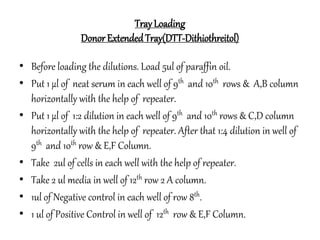 TrayLoading
Donor ExtendedTray(DTT-Dithiothreitol)
• Before loading the dilutions. Load 5ul of paraffin oil.
• Put 1 µl of neat serum in each well of 9th and 10th rows & A,B column
horizontally with the help of repeater.
• Put 1 µl of 1:2 dilution in each well of 9th and 10th rows & C,D column
horizontally with the help of repeater. After that 1:4 dilution in well of
9th and 10th row & E,F Column.
• Take 2ul of cells in each well with the help of repeater.
• Take 2 ul media in well of 12th row 2 A column.
• 1ul of Negative control in each well of row 8th.
• 1 ul of Positive Control in well of 12th row & E,F Column.
 