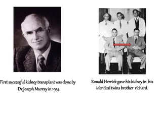 RonaldHerrickgave hiskidneyin his
identicaltwinsbrother richard.
Firstsuccessfulkidneytransplantwas doneby
Dr.JosephMurrayin 1954
 