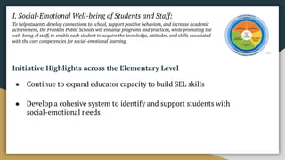I. Social-Emotional Well-being of Students and Staff:
To help students develop connections to school, support positive behaviors, and increase academic
achievement, the Franklin Public Schools will enhance programs and practices, while promoting the
well-being of staff, to enable each student to acquire the knowledge, attitudes, and skills associated
with the core competencies for social-emotional learning.
Initiative Highlights across the Elementary Level
● Continue to expand educator capacity to build SEL skills
● Develop a cohesive system to identify and support students with
social-emotional needs
 