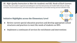 III. High-Quality Instruction to Meet the Academic and SEL Needs of Each Learner:
To ensure that each student is supported and challenged to reach their full potential, the Franklin Public Schools will align
curriculum, instructional practices, and varied assessment opportunities to personalize learning and meet individual needs.
Initiative Highlights across the Elementary Level
● Review current special education practices and develop appropriate school
structures and practices to meet the needs of students on IEPs
● Implement a continuum of services for enrichment and interventions
 