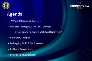 Agenda
• AWS CI CD Services Overview
• Use case leveraging AWS CI CD Services
• Infrastructure Rollouts + WebApp Deployment
• buildspec, appspec
• Debugging Build & Deployment
• Rollback Deployments
• Metrics to gauge DevOps
 