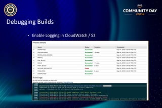 Debugging Builds
• Enable Logging in CloudWatch / S3
 