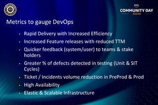 Metrics to gauge DevOps
• Rapid Delivery with Increased Efficiency
• Increased Feature releases with reduced TTM
• Quicker feedback (system/user) to teams & stake
holders
• Greater % of defects detected in testing (Unit & SIT
Cycles)
• Ticket / Incidents volume reduction in PreProd & Prod
• High Availability
• Elastic & Scalable Infrastructure
 