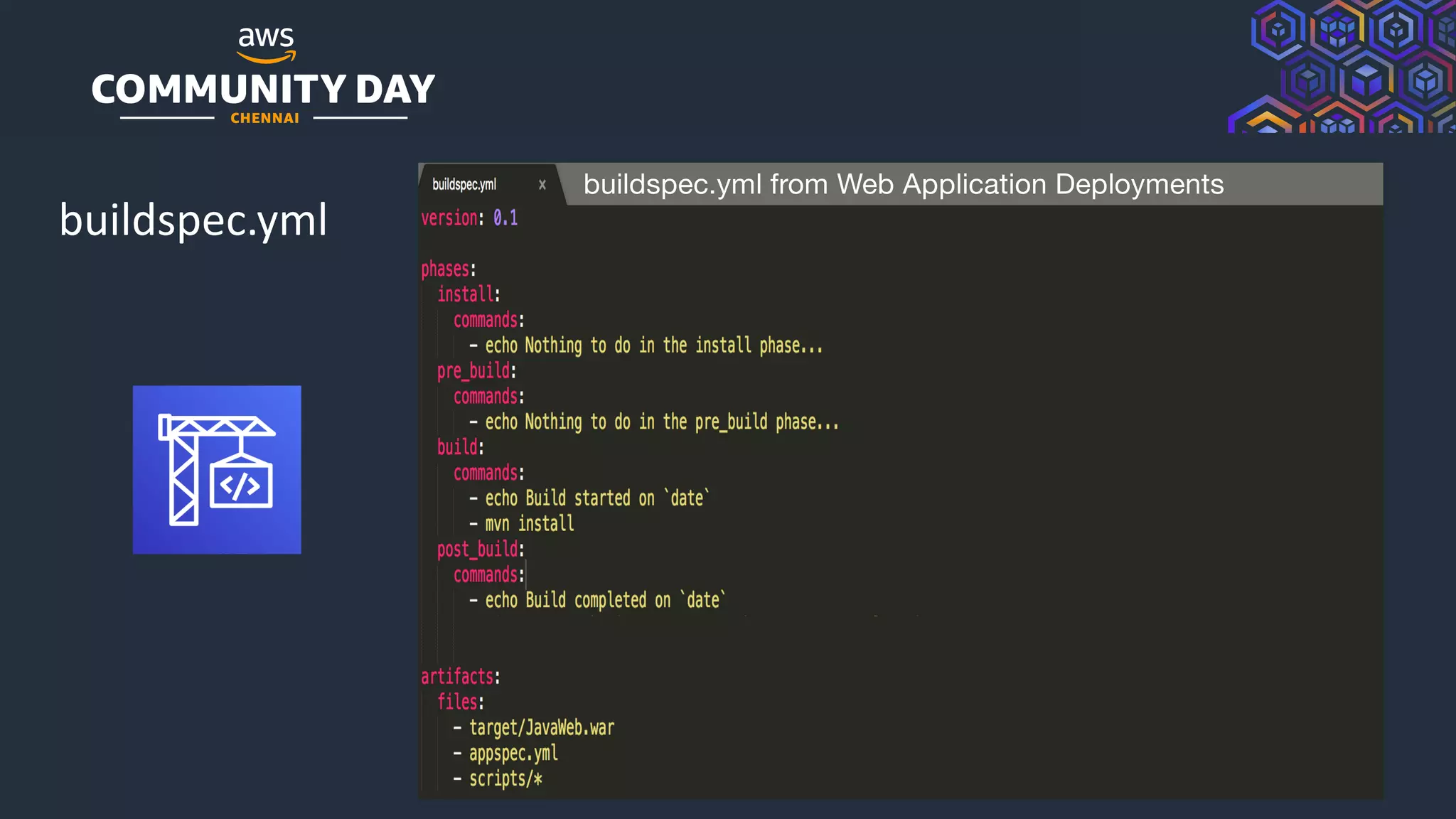 © 2019, Amazon Web Services, Inc. or its Affiliates. All rights reserved.
buildspec.yml
buildspec.yml from Web Application Deployments
 