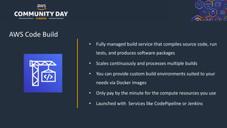 © 2019, Amazon Web Services, Inc. or its Affiliates. All rights reserved.
AWS Code Build
• Fully managed build service that compiles source code, run
tests, and produces software packages
• Scales continuously and processes multiple builds
• You can provide custom build environments suited to your
needs via Docker images
• Only pay by the minute for the compute resources you use
• Launched with Services like CodePipeline or Jenkins
 