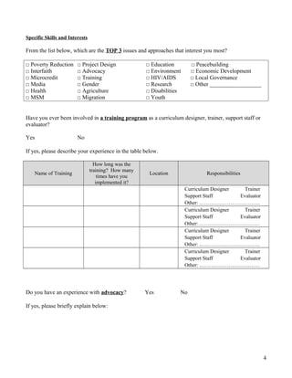 Specific Skills and Interests
From the list below, which are the TOP 3 issues and approaches that interest you most?
□ Poverty Reduction □ Project Design □ Education □ Peacebuilding
□ Interfaith □ Advocacy □ Environment □ Economic Development
□ Microcredit □ Training □ HIV/AIDS □ Local Governance
□ Media □ Gender □ Research □ Other __________________
□ Health □ Agriculture □ Disabilities
□ MSM □ Migration □ Youth
Have you ever been involved in a training program as a curriculum designer, trainer, support staff or
evaluator?
Yes No
If yes, please describe your experience in the table below.
Name of Training
How long was the
training? How many
times have you
implemented it?
Location Responsibilities
Curriculum Designer Trainer
Support Staff Evaluator
Other: .…………………………….
Curriculum Designer Trainer
Support Staff Evaluator
Other: .…………………………….
Curriculum Designer Trainer
Support Staff Evaluator
Other: .…………………………….
Curriculum Designer Trainer
Support Staff Evaluator
Other: .…………………………….
Do you have an experience with advocacy? Yes No
If yes, please briefly explain below:
4
 