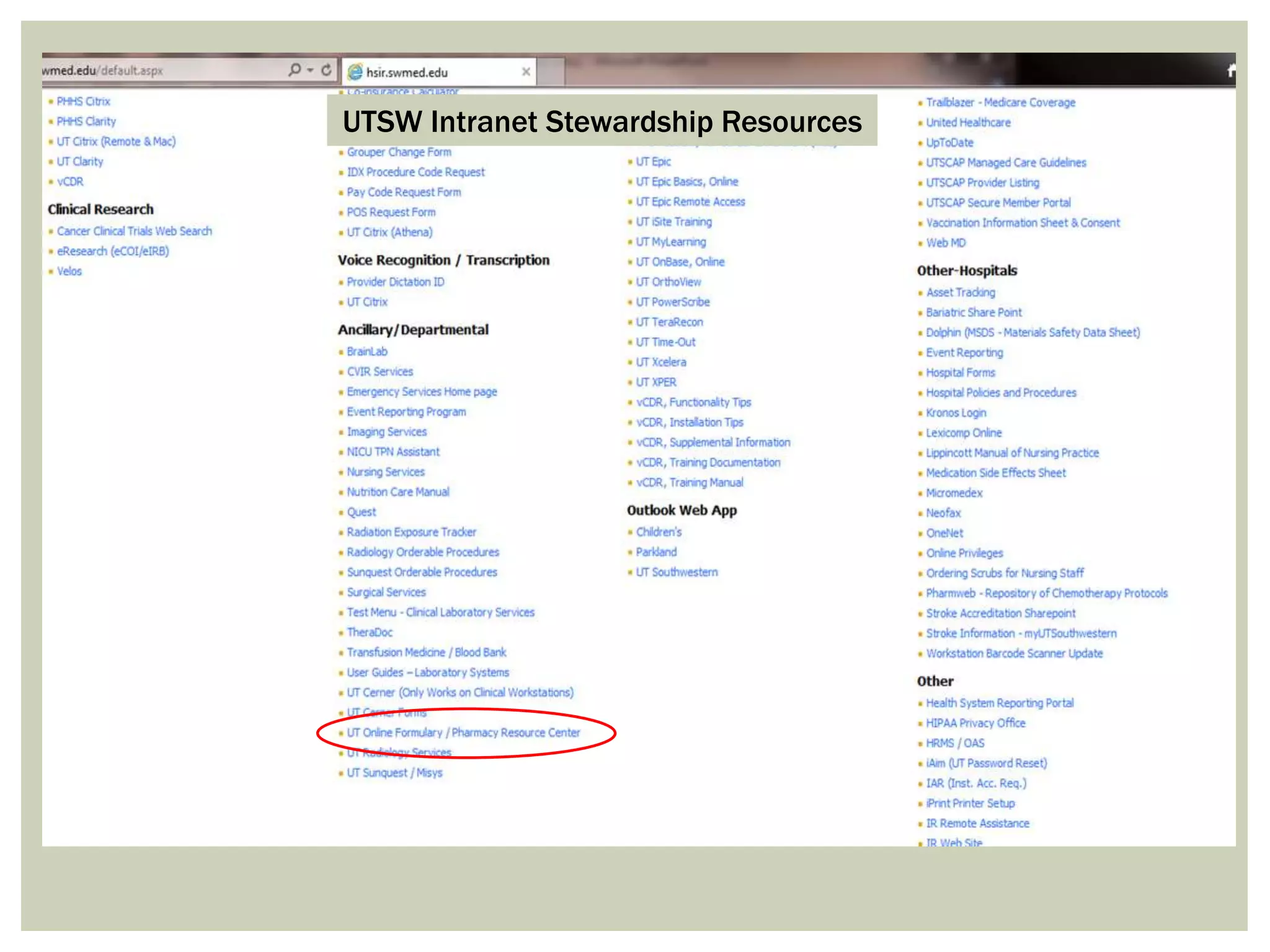 UTSW Intranet Stewardship Resources 
 