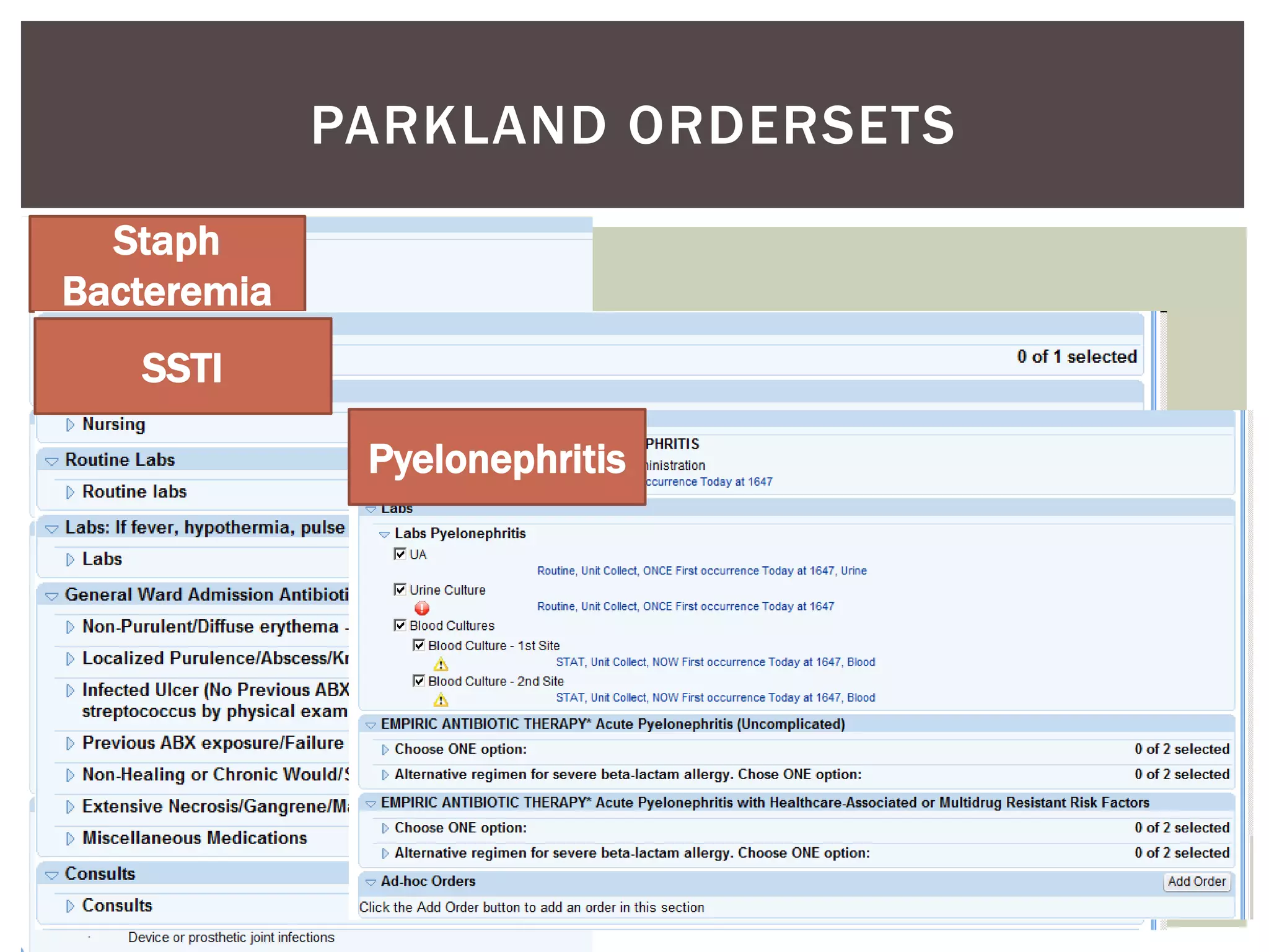 PARKLAND ORDERSETS 
Staph 
Bacteremia 
SSTI 
Pyelonephritis 
 