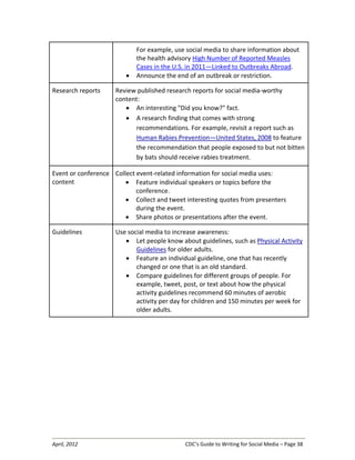 April, 2012 CDC’s Guide to Writing for Social Media – Page 38
For example, use social media to share information about
the health advisory High Number of Reported Measles
Cases in the U.S. in 2011—Linked to Outbreaks Abroad.
• Announce the end of an outbreak or restriction.
Research reports Review published research reports for social media-worthy
content:
• An interesting "Did you know?" fact.
• A research finding that comes with strong
recommendations. For example, revisit a report such as
Human Rabies Prevention—United States, 2008 to feature
the recommendation that people exposed to but not bitten
by bats should receive rabies treatment.
Event or conference
content
Collect event-related information for social media uses:
• Feature individual speakers or topics before the
conference.
• Collect and tweet interesting quotes from presenters
during the event.
• Share photos or presentations after the event.
Guidelines Use social media to increase awareness:
• Let people know about guidelines, such as Physical Activity
Guidelines for older adults.
• Feature an individual guideline, one that has recently
changed or one that is an old standard.
• Compare guidelines for different groups of people. For
example, tweet, post, or text about how the physical
activity guidelines recommend 60 minutes of aerobic
activity per day for children and 150 minutes per week for
older adults.
 
