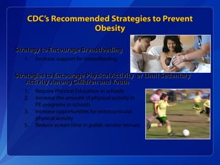 CDC’s Recommended Strategies to Prevent Obesity Strategy to Encourage Breastfeeding Increase support for breastfeeding Strategies to Encourage Physical Activity  or Limit Sedentary Activity Among Children and Youth Require Physical Education in schools Increase the amount of physical activity in  PE programs in schools Increase opportunities for extracurricular  physical activity Reduce screen time in public service venues 