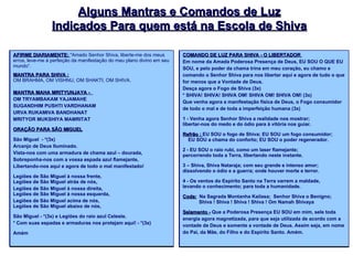 Alguns Mantras e Comandos de Luz Indicados Para quem está na Escola de Shiva AFIRME DIARIAMENTE:  "Amado Senhor Shiva, liberte-me dos meus erros, leve-me à perfeição da manifestação do meu plano divino em seu mundo“.  MANTRA PARA SHIVA :   OM BRAHMA, OM VISHNU, OM SHAKTI, OM SHIVA.  MANTRA MAHA MRITYUNJAYA -  OM TRYAMBAKAM YAJAMAHE SUGANDHIM PUSHTI VARDHANAM URVA RUKAMIVA BANDHANAT MRITYOR MUKSHIYA MAMRITAT  ORAÇÃO PARA SÃO MIGUEL São Miguel  - *(3x)  Arcanjo de Deus Iluminado. Vista-nos com uma armadura de chama azul – dourada,  Sobreponha-nos com a vossa espada azul flamejante,  Libertando-nos aqui e agora de todo o mal manifestado!   Legiões de São Miguel à nossa frente,  Legiões de São Miguel atrás de nós, Legiões de São Miguel à nossa direita,  Legiões de São Miguel à nossa esquerda, Legiões de São Miguel acima de nós,  Legiões de São Miguel abaixo de nós, São Miguel - *(3x) e Legiões do raio azul Celeste.  * Com suas espadas e armaduras nos protejam aqui! - *(3x) Amém COMANDO DE LUZ PARA SHIVA - O LIBERTADOR  Em nome da Amada Poderosa Presença de Deus, EU SOU O QUE EU SOU, e pelo poder da chama trina em meu coração, eu chamo e comando o Senhor Shiva para nos libertar aqui e agora de tudo o que for menos que a Vontade de Deus.  Desça agora o Fogo de Shiva (3x)  * SHIVA! SHIVA! SHIVA OM! SHIVA OM! SHIVA OM! (3x)  Que venha agora a manifestação física de Deus, o Fogo consumidor de todo o mal e de toda a imperfeição humana (3x) 1 - Venha agora Senhor Shiva a realidade nos mostrar;  libertar-nos do medo e do ódio para à vitória nos guiar.  Refrão :  EU SOU o fogo de Shiva; EU SOU um fogo consumidor;    EU SOU a chama do conforto; EU SOU o poder regenerador.  2 - EU SOU o raio rubi, como um laser flamejante;  percorrendo toda a Terra, libertando neste instante.  3 – Shiva, Shiva Nataraja; com seu grande e intenso amor;  dissolvendo o ódio e a guerra; onde houver morte e terror. 4 - Os ventos do Espírito Santo na Terra varrem a maldade,  levando o conhecimento; para toda a humanidade.  Coda:   Na Sagrada Montanha Kailasa;  Senhor Shiva o Benigno;              Shiva ! Shiva ! Shiva ! Shiva ! Om Namah Shivaya  Selamento -  Que a Poderosa Presença EU SOU em mim, sele toda energia agora magnetizada, para que seja utilizada de acordo com a vontade de Deus e somente a vontade de Deus. Assim seja, em nome do Pai, da Mãe, do Filho e do Espírito Santo. Amém.  