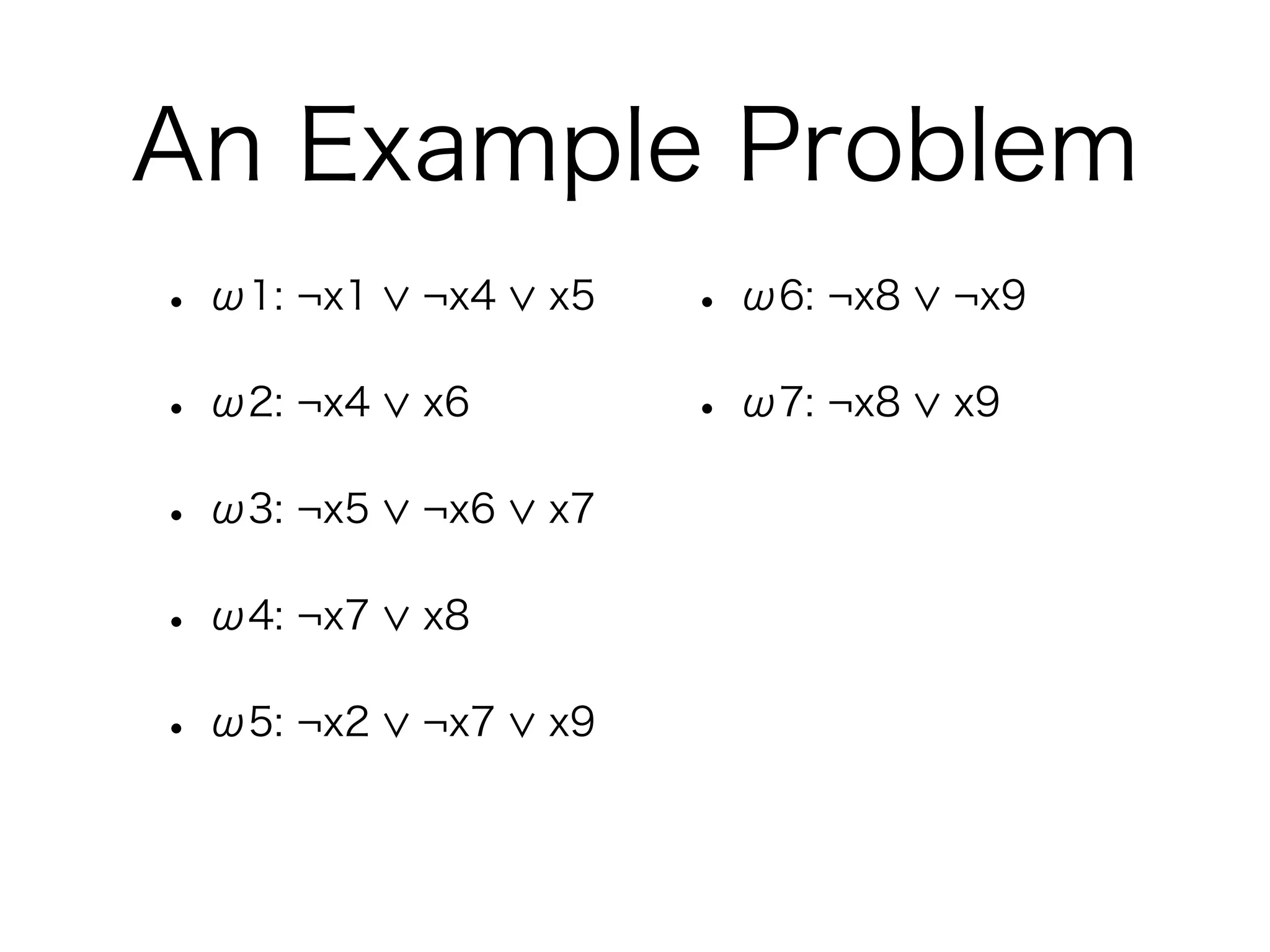An Example Problem
• ω1: ¬x1   ¬x4   x5   • ω6: ¬x8   ¬x9

• ω2: ¬x4   x6         • ω7: ¬x8   x9

• ω3: ¬x5   ¬x6   x7

• ω4: ¬x7   x8

• ω5: ¬x2   ¬x7   x9
 