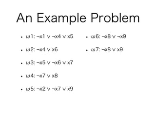 An Example Problem
• ω1: ¬x1   ¬x4   x5   • ω6: ¬x8   ¬x9

• ω2: ¬x4   x6         • ω7: ¬x8   x9

• ω3: ¬x5   ¬x6   x7

• ω4: ¬x7   x8

• ω5: ¬x2   ¬x7   x9
 
