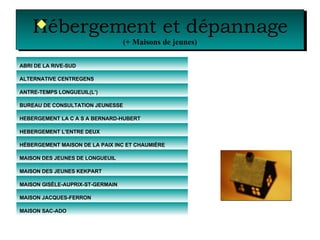 Hébergement et dépannage (+ Maisons de jeunes) MAISON SAC-ADO MAISON JACQUES-FERRON MAISON GISÈLE-AUPRIX-ST-GERMAIN MAISON DES JEUNES KEKPART MAISON DES JEUNES DE LONGUEUIL HÉBERGEMENT MAISON DE LA PAIX INC ET CHAUMIÈRE HEBERGEMENT L'ENTRE DEUX HEBERGEMENT LA C A S A BERNARD-HUBERT BUREAU DE CONSULTATION JEUNESSE ANTRE-TEMPS LONGUEUIL(L’) ALTERNATIVE CENTREGENS ABRI DE LA RIVE-SUD 