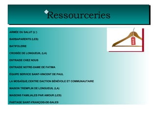 Ressourceries PARTAGE SAINT-FRANÇOIS-DE-SALES MAISONS FAMILIALES PAR AMOUR (LES) MAISON TREMPLIN DE LONGUEUIL (LA) LA MOSAÏQUE,CENTRE DACTION BÉNÉVOLE ET COMMUNAUTAIRE ÉQUIPE SERVICE SAINT-VINCENT DE PAUL ENTRAIDE NOTRE-DAME DE FATIMA ENTRAIDE CHEZ NOUS CROISÉE DE LONGUEUIL (LA) BATIFOLERIE BARBAPARENTS (LES) ARMÉE DU SALUT (L’) 