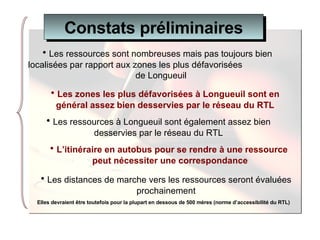 Les zones les plus défavorisées à Longueuil sont en général assez bien desservies par le réseau du RTL Les ressources à Longueuil sont également assez bien desservies par le réseau du RTL L’itinéraire en autobus pour se rendre à une ressource  peut nécessiter une correspondance Les distances de marche vers les ressources seront évaluées prochainement Elles devraient être toutefois pour la plupart en dessous de 500 mères (norme d’accessibilité du RTL) Les ressources sont nombreuses mais pas toujours bien localisées par rapport aux zones les plus défavorisées  de Longueuil Constats préliminaires 