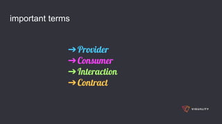 important terms
➔Provider
➔Consumer
➔Interaction
➔Contract
 