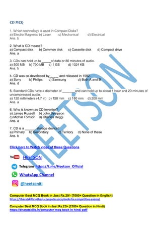 CD Important Questions (Compact Disk MCQ) | PDF