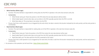 /amradelm
/amradelm
Free Palestine
Free Palestine
CDC FIFO
13
• Write Interface (Write Logic)
o Function: The write interface is responsible for writing data into the FIFO. It operates in the write clock domain (write_clk).
o Components:
▪ Write Pointer (write_ptr): Tracks the position in the FIFO where the next data element will be written.
▪ Write Enable Signal: Controls when data can be written to the FIFO, typically asserted when the FIFO is not full.
▪ Write Data (data_in): The actual data to be written into the FIFO.
o Process: Each time a write operation occurs (triggered by the write clock), the data is stored at the location indicated by the write pointer, and the write pointer is
incremented.
• Read Interface (Read Logic)
o Function: The read interface is responsible for reading data out of the FIFO. It operates in the read clock domain (read_clk).
o Components:
▪ Read Pointer (read_ptr): Tracks the position in the FIFO from where the next data element will be read.
▪ Read Enable Signal: Controls when data can be read from the FIFO, typically asserted when the FIFO is not empty.
▪ Read Data (data_out): The data read from the FIFO, presented to the output.
o Process: Each time a read operation occurs (triggered by the read clock), the data is read from the location indicated by the read pointer, and the read pointer is
incremented.
• An animation of the operation can be found here : https://lnkd.in/ezUCAx9a
 