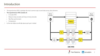 /amradelm
/amradelm
Free Palestine
Free Palestine
Introduction
3
• The asynchronous FIFO is perhaps the most common way to send data across clock domains.
• The asynchronous FIFO consists of:
o A circular FIFO
o Binary to Gray encoder and Gray to binary decoder.
o Flip-Flop synchronizers
o Comparators
• In the next slides we will talk about each part in detail.
FIFO
CDC FIFO
 