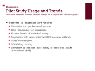 Discussion: Pilot Study Usage and Trends This  study  examined  3‐month  baseline  findings  of  a  longitudinal,  12‐month  project.  Barriers  to  adoption  and  usage:   University  and  professional  culture    Time  constraints  for  physicians    Various  levels  of  technical  savvy   Inoperable with universities’ MOSS Sharepoint software Users’ comfort level Scheduling training University  IT  concern  over  safety  of  protected  health  information  (PHI)  