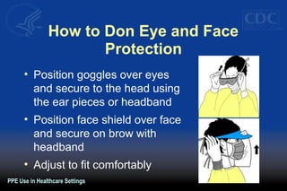 How to Don Eye and Face
Protection
• Position goggles over eyes
and secure to the head using
the ear pieces or headband
• Position face shield over face
and secure on brow with
headband
• Adjust to fit comfortably
PPE Use in Healthcare Settings
 