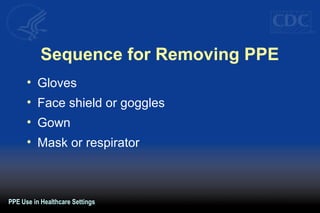 Sequence for Removing PPE
• Gloves
• Face shield or goggles
• Gown
• Mask or respirator
PPE Use in Healthcare Settings
 