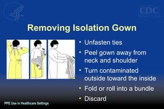 Removing Isolation Gown
• Unfasten ties
• Peel gown away from
neck and shoulder
• Turn contaminated
outside toward the inside
• Fold or roll into a bundle
• Discard
PPE Use in Healthcare Settings
 