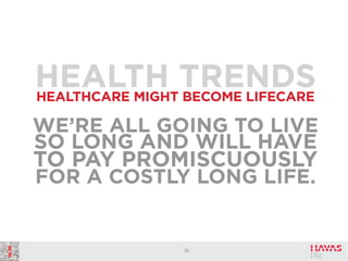 HEALTH TRENDS
HEALTHCARE MIGHT BECOME LIFECARE
WE’RE ALL GOING TO LIVE
SO LONG AND WILL HAVE

TO PAY PROMISCUOUSLY
FOR A COSTLY LONG LIFE.

15

 
