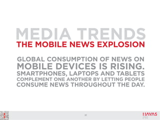 MEDIANEWS EXPLOSION
TRENDS
THE MOBILE
GLOBAL CONSUMPTION OF NEWS ON

MOBILE DEVICES IS RISING.
SMARTPHONES, LAPTOPS AND TABLETS
COMPLEMENT ONE ANOTHER BY LETTING PEOPLE

CONSUME NEWS THROUGHOUT THE DAY.

37

 