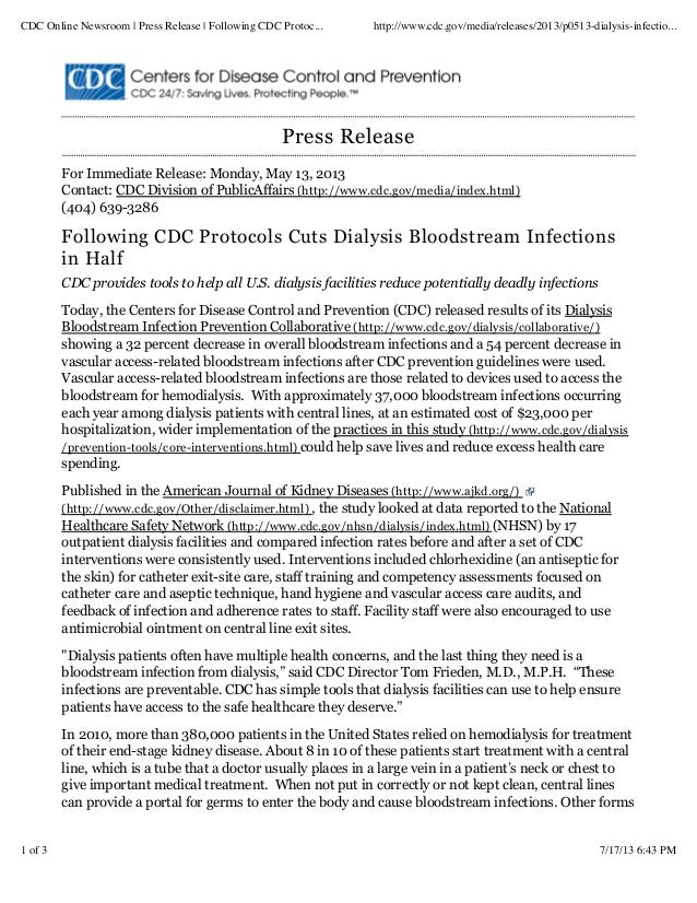 Cdc press release 5 1313 following cdc protocols cuts dialysis bloo…