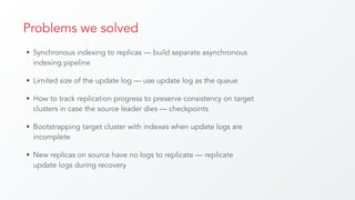 Problems we solved
• Synchronous indexing to replicas — build separate asynchronous
indexing pipeline
• Limited size of the update log — use update log as the queue
• How to track replication progress to preserve consistency on target
clusters in case the source leader dies — checkpoints
• Bootstrapping target cluster with indexes when update logs are
incomplete
• New replicas on source have no logs to replicate — replicate
update logs during recovery
 