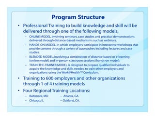 Program Structure
• Professional Training to build knowledge and skill will be
delivered through one of the following models.
– ONLINE MODEL,involving seminars, case studies and practical demonstrations
delivered through distance-based mechanisms such as webinars.
– HANDS-ON MODEL, in which employers participate in interactive workshops that
provide content through a variety of approaches including lectures and case
studies.
– BLENDED MODEL, involving a combination of distance-based or e-learning
(online model) and in-person classroom sessions (hands-on model).
– TRAIN-THE-TRAINER MODEL is designed to prepare qualified individuals to
acquire the knowledge and skills needed to train other employers and
organizations using the Work@HealthTM Curriculum.
• Training to 600 employers and other organizations
through 1 of 4 training models
• Four Regional Training Locations:
– Baltimore, MD -- Atlanta, GA
– Chicago, IL -- Oakland, CA.
 