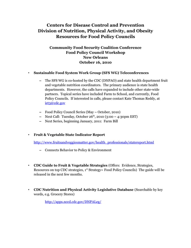 CDC Resource list for Food Policy Councils | PDF