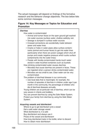 The actual messages will depend on findings of the formative
      research and the behavior change objectives. The box below lists
      some common messages.

      Figure 14: Key Messages or Topics for Education and
      Promotion
       Diarrhea
           How water is contaminated
             •	 Animal and human feces on the open ground get washed
                into water sources (surface water, shallow wells)by rain
             • Sewage is dumped in surface water sources
             •	 Crossed connections are accidentally made between
                sewer and water lines
             •	 Cracks or holes in water pipes allow surface contami­
                nants (animal and human feces) to get into water lines
                (particularly when there are power outages which shut off
                pumps and create negative pressure which sucks surface
                contaminants into the water lines)
             • People with fecally-contaminated hands touch water
                stored in wide-mouthed containers such as buckets
           How drinking contaminated water causes diarrhea
             •	 Microbes that cause diarrhea are present in feces. These
                are ingested when a person drinks contaminated water.
             • Microbes are too small to see. Clear water can be very
                contaminated.

           The problem of diarrheal disease in our community

             •	 Use local data that is meaningful, for example, the
                number of episodes of diarrhea in children under age 5 per
                month in the community, the percentage of children who
                die of diarrheal diseases annually
           Young children are at particular risk of diarrhea, which can be

           very severe in infants and toddlers.

           You can prevent diarrhea by using the Safe Water System.

           Protect your family from diarrhea by using the Safe Water

           System.


       Acquiring vessels and disinfectant
          Where to go to get disinfectant and a vessel
          Get a safe water storage vessel
          What disinfectant is; it is safe
          Buy disinfectant and always use it
          Prices of the vessel and disinfectant
          How long disinfectant lasts in the bottle; when to discard
          How to obtain more disinfectant


100
 