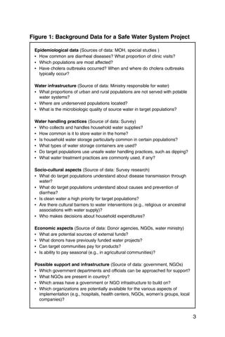 Figure 1: Background Data for a Safe Water System Project

 Epidemiological data (Sources of data: MOH, special studies )
 •	 How common are diarrheal diseases? What proportion of clinic visits?
 •	 Which populations are most affected?
 •	 Have cholera outbreaks occurred? When and where do cholera outbreaks
    typically occur?

 Water infrastructure (Source of data: Ministry responsible for water)
 •	 What proportions of urban and rural populations are not served with potable
    water systems?
 •	 Where are underserved populations located?
 •	 What is the microbiologic quality of source water in target populations?

 Water handling practices (Source of data: Survey)
 •	 Who collects and handles household water supplies?
 •	 How common is it to store water in the home?
 •	 Is household water storage particularly common in certain populations?
 •	 What types of water storage containers are used?
 •	 Do target populations use unsafe water handling practices, such as dipping?
 •	 What water treatment practices are commonly used, if any?

 Socio-cultural aspects (Source of data: Survey research)
 •	 What do target populations understand about disease transmission through
    water?
 •	 What do target populations understand about causes and prevention of
    diarrhea?
 •	 Is clean water a high priority for target populations?
 •	 Are there cultural barriers to water interventions (e.g., religious or ancestral
    associations with water supply)?
 •	 Who makes decisions about household expenditures?

 Economic aspects (Source of data: Donor agencies, NGOs, water ministry)
 •	 What are potential sources of external funds?
 •	 What donors have previously funded water projects?
 •	 Can target communities pay for products?
 •	 Is ability to pay seasonal (e.g., in agricultural communities)?

 Possible support and infrastructure (Source of data: government, NGOs)
 •	 Which government departments and officials can be approached for support?
 •	 What NGOs are present in country?
 •	 Which areas have a government or NGO infrastructure to build on?
 •	 Which organizations are potentially available for the various aspects of
    implementation (e.g., hospitals, health centers, NGOs, women’s groups, local
    companies)?


                                                                                       3
 