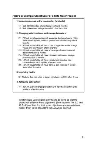 Figure 2: Example Objectives For a Safe Water Project

   1. Increasing access to the intervention (products)

     1.1 Sell 20,000 bottles of disinfectant in first 3 months
     1.2 Sell 1,000 water storage vessels in first 3 months

   2. Changing water treatment and storage behaviors

     2.1 70% of target population will recognize the brand name of the
         Safe Water System products (vessel and disinfectant) after 6
         months
     2.2 30% of households will report use of approved water storage
         vessel and disinfectant after 6 months
     2.3 25% of households will have knowledge of correct dose of
         disinfectant after 6 months
     2.4 25% of households will have observed safe water storage
         practices after 6 months
     2.5 10% of households will have measurable residual free

         chlorine levels >0.2 mg/liter after 6 months

     2.6 10% of households will have zero E. coli colonies in stored
         water after 6 months

   3. Improving health

     3.1 Reduce diarrhea rates in target population by 20% after 1 year

   4. Achieving satisfaction

     4.1 80% of users in target population will report satisfaction with
         products after 6 months




     In later steps, you will plan activities to be done so that the
     project will achieve these objectives. (See sections 7.0, 9.0 and
     10.0.) If you then find that some objectives are too ambitious,
     modify them to be consistent with activities planned.




                                                                           11
 