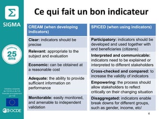 Ce qui fait un bon indicateur
CREAM (when developing
indicators)
Clear: indicators should be
precise
Relevant: appropriate to the
subject and evaluation
Economic: can be obtained at
a reasonable cost
Adequate: the ability to provide
sufficient information on
performance
Monitorable: easily monitored,
and amenable to independent
validation
4
SPICED (when using indicators)
Participatory: indicators should be
developed and used together with
end beneficiaries (citizens)
Interpreted and communicable:
indicators need to be explained or
interpreted to different stakeholders
Cross-checked and compared: to
increase the validity of indicators
Empowering: the process should
allow stakeholders to reflect
critically on their changing situation
Disaggregated: indicators enable
break downs for different groups,
such as gender, income, etc/
 