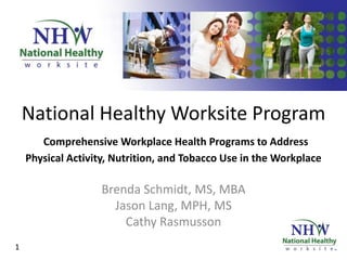 National Healthy Worksite Program
       Comprehensive Workplace Health Programs to Address
    Physical Activity, Nutrition, and Tobacco Use in the Workplace

                   Brenda Schmidt, MS, MBA
                     Jason Lang, MPH, MS
                       Cathy Rasmusson
1
 