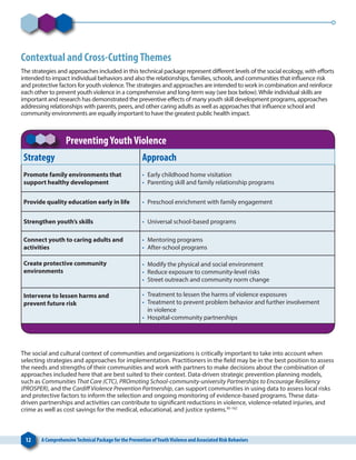 12 A ComprehensiveTechnical Package for the Prevention ofYouthViolence and Associated Risk Behaviors
Contextual and Cross-CuttingThemes
The strategies and approaches included in this technical package represent different levels of the social ecology, with efforts
intended to impact individual behaviors and also the relationships, families, schools, and communities that influence risk
and protective factors for youth violence.The strategies and approaches are intended to work in combination and reinforce
each other to prevent youth violence in a comprehensive and long-term way (see box below).While individual skills are
important and research has demonstrated the preventive effects of many youth skill development programs, approaches
addressing relationships with parents, peers, and other caring adults as well as approaches that influence school and
community environments are equally important to have the greatest public health impact.
PreventingYouthViolence
Strategy Approach
Promote family environments that
support healthy development
•	 Early childhood home visitation
•	 Parenting skill and family relationship programs
Provide quality education early in life •	 Preschool enrichment with family engagement
Strengthen youth’s skills •	 Universal school-based programs
Connect youth to caring adults and
activities
•	 Mentoring programs
•	 After-school programs
Create protective community
environments
•	 Modify the physical and social environment
•	 Reduce exposure to community-level risks
•	 Street outreach and community norm change
Intervene to lessen harms and
prevent future risk
•	 Treatment to lessen the harms of violence exposures
•	 Treatment to prevent problem behavior and further involvement
in violence
•	 Hospital-community partnerships
The social and cultural context of communities and organizations is critically important to take into account when
selecting strategies and approaches for implementation. Practitioners in the field may be in the best position to assess
the needs and strengths of their communities and work with partners to make decisions about the combination of
approaches included here that are best suited to their context. Data-driven strategic prevention planning models,
such as Communities That Care (CTC), PROmoting School-community-university Partnerships to Encourage Resiliency
(PROSPER), and the Cardiff Violence Prevention Partnership, can support communities in using data to assess local risks
and protective factors to inform the selection and ongoing monitoring of evidence-based programs. These data-
driven partnerships and activities can contribute to significant reductions in violence, violence-related injuries, and
crime as well as cost savings for the medical, educational, and justice systems.95-102
 