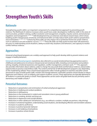 A ComprehensiveTechnical Package for the Prevention ofYouthViolence and Associated Risk Behaviors 21
StrengthenYouth’s Skills
Rationale
Strengthening youth’s skills is an important component of a comprehensive approach to preventing youth
violence. The likelihood of violence increases when youth have under-developed or ineffective skills in the areas of
communication, problem-solving, conflict resolution and management, empathy, impulse control, and emotional
regulation and management.2,33,147-149
Skill-development has an extensive and robust research base, which shows
building youth’s interpersonal, emotional, and behavioral skills can help reduce both youth violence perpetration
and victimization.2,21,76,77,150-152
Enhancing these skills can also impact risk or protective factors for youth violence,
such as substance use and academic success.150,152,153
These life skills can help youth increase their self-awareness,
accuracy in understanding social situations, ability to avoid risky situations and behaviors, and capacity to resolve
conflict without violence.
Approaches
Universal school-based programs are a widely used approach to help youth develop skills to prevent violence and
engage in healthy behaviors.
Universal school-based programs (sometimes also referred to as social-emotional learning approaches) work in
childhood and adolescence to enhance interpersonal and emotional skills, including communication and problem-
solving, empathy, emotional awareness and regulation, conflict management, and team work.150,151
This approach
also provides information about violence, seeks to change the way youth think and feel about violence, and provides
opportunities to practice and reinforce skills. The content and format of skill development programs vary depending
on the model being utilized. These school-based approaches often include guidance to teachers and other school
personnel on ways to build youth’s skills, monitor and manage behavior, and build a positive school climate to reduce
aggression and violence, such as bullying, and support academic success. These approaches are typically delivered to
all students in a particular grade or school. These approaches can be used in all grade levels but are primarily used in
elementary and middle schools.98
Potential Outcomes
•	 Reductions in perpetration and victimization of verbal and physical aggression
•	 Reductions in bullying and conduct problems
•	 Reductions in delinquency
•	 Reductions in the involvement in violent and nonviolent crime in young adulthood
•	 Reductions in smoking, alcohol, and drug use
•	 Reductions in depression and suicidal ideation
•	 Reductions in other adolescent risk behaviors (e.g., sex without a condom, multiple sex partners, risky driving)
•	 Increases in emotional regulation, understanding social situations, and developing effective and nonviolent solutions
•	 Increases in academic proficiency
•	 Increases in positive bystander behavior
•	 Increases in anti-bullying school policies
•	 Increases in positive school climate
 