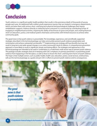 Conclusion
Youth violence is a significant public health problem that results in the premature death of thousands of young
people each year. An additional half a million youth experience injuries that are treated in emergency departments,
which can leave them with serious short- and long-term physical and psychological challenges that require
rehabilitation supports. Violence directly or indirectly harms everyone in a community by contributing to fear of
engaging in neighborhood activities, impairing the ability of businesses to grow and prosper, and creating financial
strain on education, justice, and medical systems that leave communities with limited resources to achieve other
community goals.
The good news is that youth violence is preventable. The knowledge, experience, and scientifically supported
strategies described in this technical package can help communities prevent youth violence perpetration and
victimization and achieve substantial cost benefits.76,80
Implementing one strategy will have benefits but may not
result in long-term and wide-spread changes in an entire community’s level of violence. A comprehensive prevention
approach is more likely to result in significant, broad, and lasting effects. The strategies and approaches in this
technical package are intended to be used in combination in a multi-level, multi-sector way to prevent youth violence.
The package includes strategies that are in keeping with CDC’s emphasis on primary prevention, or preventing youth
violence from happening in the first place, as well as those to lessen the short- and long-term harms of youth violence.
The hope is that multiple sectors, such as public health, health care, education, justice, social services, and business,
will use this technical package as a guide and join CDC in efforts to prevent youth violence and its consequences.
42 A ComprehensiveTechnical Package for the Prevention ofYouthViolence and Associated Risk Behaviors
Thegood
newsisthat
youthviolence
ispreventable.
 