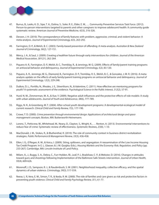 46 A ComprehensiveTechnical Package for the Prevention ofYouthViolence and Associated Risk Behaviors
47. 	 Burrus, B., Leeks, K. D., Sipe, T. A., Dolina, S., Soler, R. E., Elder, E. W., … Community Preventive Services Task Force. (2012).
Person-to-person interventions targeted to parents and other caregivers to improve adolescent health: A community guide
systematic review. American Journal of Preventive Medicine, 42(3), 316-326.
48. 	 Derzon, J. H. (2010). The correspondence of family features with problem, aggressive, criminal, and violent behavior: A
meta-analysis. Journal of Experimental Criminology, 6(3), 263-292.
49. 	 Farrington, D. P., & Welsh, B. C. (2003). Family-based prevention of offending: A meta-analysis. Australian & New Zealand
Journal of Criminology, 36(2), 127-151.
50. 	 Mercy, J. A., & Saul, J. (2009). Creating a healthier future through early interventions for children. Journal of the American
Medical Association, 301(21), 262-264.
51. 	 Piquero A. R., Farrington, D. P., Welsh, B. C., Tremblay, R., & Jennings, W. G. (2009). Effects of family/parent training programs
on antisocial behavior and delinquency. Journal of Experimental Criminology, 5(2), 83-120.
52. 	 Piquero, A. R., Jennings, W. G., Diamond, B., Farrington, D. P., Tremblay, R. E., Welsh, B. C., & Gonzalez, J, M. R. (2016). A meta-
analysis update on the effects of early family/parent training programs on antisocial behavior and delinquency. Journal of
Experimental Criminology, 12(2), 229-248.
53. 	 DuBois, D. L., Portillo, N., Rhodes, J. E., Silverthorn, N., & Valentine, C. (2011). How effective are mentoring programs for
youth? A systematic assessment of the evidence. Psychological Science in the Public Interest, 312(2), 57-91.
54. 	 Hurd, N. M., Zimmerman, M. A., & Xue, Y. (2009). Negative adult influences and the protective effects of role models: A study
with urban adolescents. Journal of Youth and Adolescence, 38(6), 777-789.
55. 	 Riggs, N. R., & Greenberg, M. T. (2004). After-school youth development programs: A developmental-ecological model of
current research. Clinical Child and Family Review, 7(3), 177-190.
56. 	 Crowe, T. D. (2000). Crime prevention through environmental design: Applications of architectural design and space
management concepts. Boston, MA: Butterworth-Heinemann.
57. 	 Lorenc, T., Petticrew, M., Whitehead, M., Neary, D., Clayton, S., Wright, K., … Renton, A. (2013). Environmental interventions to
reduce fear of crime: Systematic review of effectiveness. Systematic Reviews, 2(30), 1-10.
58. 	 MacDonald, J. M., Stokes, R., & Bluthenthal, R. (2010). The role of community context in business district revitalization
strategies. Public Performance & Management Review, 33(3), 436-458.
59. 	 Ellen, I. G., O’Regan, K. M., & Voicu, I. (2009). Siting, spillovers, and segregation: A reexamination of the Low Income Housing
Tax Credit Program. In E. L. Glaeser, & J. M. Quigley (Eds.), Housing Markets and the Economy: Risk, Regulation, and Policy (pp.
233-267). Cambridge, MA: Lincoln Institute of Land Policy.
60. 	 Milam, A., J., Buggs, S. A., Debra, C., Furr-Holden, M., Leaf, P. J., Bradshaw, C. P., & Webster, D. (2016). Changes in attitudes
toward guns and shootings following Implementation of the Baltimore Safe Streets intervention. Journal of Urban Health,
93(4), 609-626.
61. 	 Morenoff, J. D., Sampson, R. J., & Raudenbush, S. W. (2001). Neighborhood inequality, collective efficacy, and the spatial
dynamics of urban violence. Criminology, 39(3), 517-559.
62. 	 Reese, L. R, Vera, E. M., Simon, T. R., & Ikeda, R. M. (2000). The role of families and care givers as risk and protective factors in
preventing youth violence. Clinical Child and Family Psychology Review, 3(1), 61-77.
 