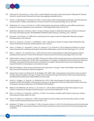54 A ComprehensiveTechnical Package for the Prevention ofYouthViolence and Associated Risk Behaviors
170. 	 Sickmund, M., & Puzzanchera, C. (Eds.). (2014). Juvenile offenders and victims: 2014 national report. Pittsburgh, PA: National
Center for Juvenile Justice. Retrieved from http://www.ojjdp.gov/ojstatbb/nr2014/.
171. 	 Durlak, J. A., Weissberg, R. P., & Pachan, M. (2010). A meta-analysis of after-school programs that seek to promote personal
and social skills in children and adolescents. American Journal of Community Psychology, 45(3-4), 294–309.
172. 	 Gottfredson, D. C., Cross, A., & Soulé, D. A. (2007). Distinguishing characteristics of effective and ineffective afterschool
programs to prevent delinquency and victimization. Criminology & Public Policy, 6(2), 601-631.
173. 	 Big Brothers Big Sisters of America. (2016). 110 years of history. Tampa, FL: Big Brothers Big Sisters of America. Retrieved
from http://www.bbbs.org/site/c.9iILI3NGKhK6F/b.5960955/k.E56C/Starting_something_since_1904.htm.
174. 	 Grossman, J. B., & Tierney, J. P. (1998). Does mentoring work? An impact study of the Big Brothers Big Sisters program.
Evaluation Review, 22(3), 403-426.
175. 	 Herrera, C., Grossman, J. B., Kauh, T. J., & McMaken, J. (2011). Mentoring in schools: An impact study of Big Brothers Big
Sisters school-based mentoring. Child Development, 82(1), 346-361.
176. 	 Chan C. S., Rhodes, J. E., Howard W. J., Lowe, S. R., Schwartz, S. E. O., & Herrera C. (2013). Pathways of influence in school-
based mentoring: The mediating role of parent and teacher relationships. Journal of School Psychology, 51(1), 129-142.
177. 	 Roth, J. L., Malone, L. M., & Brooks-Gunn, J. (2010). Does the amount of participation in afterschool programs relate to
developmental outcomes? A review of the literature. American Journal of Community Psychology, 45(3-4), 310–324.
178. 	 Goldschmidt, P., Huang, D., & Chinen, M. (2007). The long-term effects of after-school programming on educational adjustment
and juvenile crime: A study of the LA’s BEST after-school program. Los Angeles, CA: National Center for Research on Evaluation,
Standards, and Student Testing and University of California Los Angeles. Retrieved from http://www.chapinhall.org/
research/brief/after-school-programs-and-academic-impact.
179. 	 After School Matters. (2016). Program information and requirements. Chicago, IL: After School Matters. Retrieved from
http://www.afterschoolmatters.org/teens/programs/.
180. 	 Goerge, R. M., Cusick, G. R., Wasserman, M., & Gladden, R. M. (2007). After-school programs and academic impact: A study of
Chicago’s After School Matters. Chicago, IL: Chapin Hall, University of Chicago. Retrieved from http://www.chapinhall.org/
sites/default/files/publications/ChapinHallDocument(2)_0.pdf.
181. 	 Hirsch, B. J., Hedges, L. V., Stawicki, J. A., & Mekinda, M. A. (2011). After-school programs for high school students: an
evaluation of After School Matters. Technical report. Evanston, IL: Northwestern University. Retrieved from http://www.sesp.
northwestern.edu/docs/publications/1070224029553e7f678c09f.pdf.
182. 	 Webster, D. W., Whitehill, J. M., Vernick, J. S., & Curriero, F. C. (2013). Effects of Baltimore’s Safe Streets program on gun
violence: A replication of Chicago’s CeaseFire program. Journal of Urban Health, 90(1), 27–40.
183. 	 Butts, J. A., Roman, C. G., Bostwick, L., & Porter, J. R. (2015). Cure violence: A public health model to reduce gun violence.
Annual Review of Public Health, 36, 39-53.
184. 	 Astor, R. A., Meyer, H. A., & Behre, W. J. (1999). Unowned places and times: Maps and interviews about violence in high
schools. American Educational Research Journal, 36(1), 3-42.
185. 	 Bradshaw, C. P., Milam, A. J., Furr-Holden, C. D. M., & Lindstrom Johnson, S. (2015). The School Assessment for Environmental
Typology (SAfETy): An observational measure of the school environment. American Journal of Community Psychology, 56(3-
4), 280-292.
 