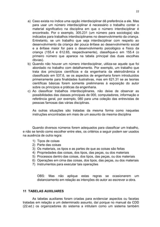 22
a) Caso exista no índice uma opção interdisciplinar dê preferência a ele. Mas
para usar um número interdisciplinar é necessário o trabalho conter o
material significativo na disciplina em que o número interdisciplinar é
encontrado. Por o exemplo, 305.231 (um número para sociologia) são
indicados para trabalhos interdisciplinares no desenvolvimento da criança.
Entretanto, se um trabalho que seja interdisciplinar com respeito ao
desenvolvimento da criança der pouca ênfase ao desenvolvimento social
e a ênfase maior for para o desenvolvimento psicológico e físico da
criança (155.4 e 612.65, respectivamente), classifique-o em 155.4 (o
primeiro número que aparece na tabela principal das duas escolhas
óbvias).
b) Quando não houver um número interdisciplinar, utiliza-se aquele que foi
abordado no trabalho com detalhamento. Por exemplo, um trabalho que
trata dos princípios científicos e da engenharia da eletrodinâmica é
classificado em 537.6, se os aspectos de engenharia forem introduzidos
primeiramente para finalidades ilustrativas, mas em 621.31 se as teorias
científicas básicas forem somente preliminares à exposição do autor
sobre os princípios e práticas da engenharia.
c) Ao classificar trabalhos interdisciplinares, não deixe de observar as
possibilidades das classes principais de 000, computadores, informação e
referência geral, por exemplo, 080 para uma coleção das entrevistas de
pessoas famosas das várias disciplinas.
As outras situações são tratadas da mesma forma como naquelas
instruções encontradas em mais de um assunto da mesma disciplina
Quando diversos números forem adequados para classificar um trabalho,
e não se tendo como escolher entre eles, os critérios a seguir podem ser usados
na ausência de outra regra:
1) Tipos de coisas
2) Parte das coisas
3) Os materiais, os tipos e as partes de que as coisas são feitas
4) Propriedades das coisas, dos tipos, das peças, ou dos materiais
5) Processos dentro das coisas, dos tipos, das peças, ou dos materiais
6) Operações em cima das coisas, dos tipos, das peças, ou dos materiais
7) Instrumentos para executar tais operações
OBS: Mas não aplique estas regras se ocasionarem um
distanciamento em relação as intenções do autor ao escrever a obra.
11 TABELAS AUXILIARES
As tabelas auxiliares foram criadas para evidenciar aspectos ou facetas
tratadas em relação a um determinado assunto, daí porque no manual da CDD
(22.ed.) os organizadores do sistema a intitulam como um sistema também
 