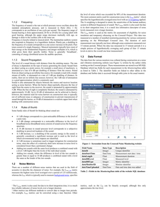 L = 10 × log10
p
pref
1.1.2 Frequency
The frequency of sound is the rate at which pressure waves oscillate about the
standard atmospheric pressure, and is measured in Hertz (Hz). 1 Hz
corresponds to an oscillation of one cycle per second. The frequency range of
human hearing is from approximately 20 Hz to 20 kHz for a young adult with
good hearing, although the upper range decreases markedly with age, as
damage is done to the cochlea cells in the inner ear.
Frequency is loosely related to musical pitch. The mammalian auditory system
also responds to frequency in a logarithmic fashion. Plainly put, a doubling in
the frequency of a sound corresponds to a one octave increase in the pitch. Pure
tones consist of a single frequency. Musical instruments typically have most of
their energy at the fundamental frequency and integer multiples of it, which is
what gives them their specific timbre. Noise is generally ‘broadband’,
consisting of energy distributed across the audible spectrum.
1.1.3 Sound Propagation
The level of a sound decays with distance from the emitting source. The rate
of decay is dependent on the type of source generating the sound. Sound from
an object acting as a point source, for example a small piece of machinery, is
attenuated at a rate of 6 dB per doubling of distance from the source. Sound
from an object acting as an infinite line source, for example a road with a steady
stream of traffic, is attenuated at a rate of 3 dB per doubling of distance. In
reality, there are no infinite line sources; however, the 3 dB rate of attenuation
is a good approximation which is commonly used.
Sound is also attenuated by objects between the source and receiver location
acting as noise barriers. When the barrier object partially obscures the line of
sight from the source to the receiver, the sound is attenuated by approximately
5 dB. When the line of sight is completely blocked, the sound is attenuated by
approximately 10 dB. Up to 20 dB of attenuation can be achieved in theory;
however, the material used for noise barriers on construction sites is typically
not of sufficient mass or adequacy of construction to prevent transmission of
sound through the barrier, so 10 dB of attenuation is a realistic upper limit when
dealing with construction noise.
1.1.4 Rules of thumb
Some handy rules of thumb for thinking about sound are:
 A 1 dB change corresponds to a just-noticeable difference in the level of
a pure tone.
 A 3 dB change corresponds to a noticeable difference in the level of
broadband noise (broadband noise consists of sound across the frequency
spectrum.
 A 10 dB increase in sound pressure level corresponds to a subjective
doubling in perceived loudness of the sound.
 A 3 dB increase, i.e. a doubling of the acoustic energy in the sound, is
generally considered a significant increase and is used as the level at
which environmental noise impacts are identified.
 A 5 dB increase is sometimes used to trigger mitigation for construction
noise, since the effect of a relatively short term increase in noise level is
considered lesser than a permanent change.
 Adding two sounds with the same level produces a combined sound with
a level 3 dB higher than the levels of the individual sounds.
 Adding two sounds, where the difference in level of the two sounds is
greater than or equal to 10 dB produces a combined sound with a level
the same as the louder of the two sounds.
1.2 Noise Metrics
There are a number of different noise metrics that are used in the field of
acoustics to describe the character of noise. For example, the Lmax, fast metric
measures the highest noise level averaged over a period of 125 milliseconds,
whereas the L90, which is typically used to measure background noise, specifies
1
The LAmax metric is also used, but due to its short integration time, it is a much
less reliable indicator of noise levels over a longer duration.
2
Other metrics use different methods to convert data to longer time periods.
For example, Lmax metrics can be converted using a max function. Other
the level of noise which was exceeded for 90% of the measurement duration.
The most common metric used for construction noise is the LAeq metric1
, which
specifies the logarithmically averaged noise level with an A-weighting applied.
The A-weighting is designed to mimic the sensitivities of the human auditory
system to different frequencies of sound. The LAmax metric is also used, but due
to its short integration time, it is a much less informative descriptor of noise
levels measured over a longer duration.
The LAeq metric is used as the metric for assessment of eligibility for noise
insulation and temporary rehousing on the Crossrail Project. This data was
measured at a number of installed monitoring positions by various contractors
operating on the Whitechapel Crossrail sites. The duration of each
measurement was typically one hour, although some contractors measured over
15 minute periods. Where the data was measured in 15 minute periods it is a
simple process of logarithmically averaging each group of four 15 minute
levels to derive the overall one hour measurement2
.
1.3 Data Format
The data from the various monitors was collated during construction on a noise
and vibration monitoring website (see Figure 1), written by the author while
working on the Crossrail project. These measurements are stored in an MS SQL
Database which has fields for each measurement in the MonitoringData table
as listed in Table 2. The identifier fields are linked to other tables in the
database and further data is accessed through table joins in the usual manner.
Field Name Data Type Description
dataId Integer Unique identifier
dataStartTime DateTime Measurement start date / time
dataLength Float Measurement duration
dataDBLevel Float Measured level
dataDBType Integer Metric identifier
dataMonitorID Integer Monitor identifier
dateTimeUploaded DateTime Date and time data was added
Table 2 - Fields in the MonitoringData table of the website SQL database
metrics, such as the L90 can be linearly averaged, although this only
approximates the true level.
Figure 1 - Screenshot from the Crossrail Noise Monitoring website
 