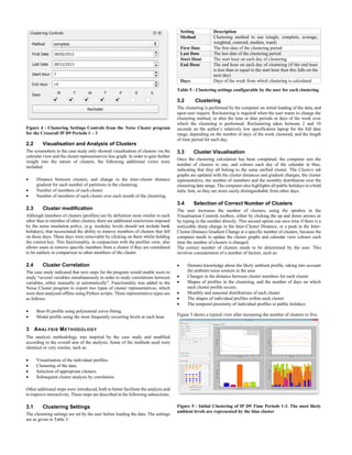 Figure 4 - Clustering Settings Controls from the Noise Cluster program
for the Crossrail IP D9 Periods 1 – 3
2.2 Visualisation and Analysis of Clusters
The screenshots in the case study only showed visualisation of clusters via the
calendar view and the cluster representatives line graph. In order to gain further
insight into the nature of clusters, the following additional views were
included:
 Distance between clusters, and change in the inter-cluster distance
gradient for each number of partitions in the clustering.
 Number of members of each cluster.
 Number of members of each cluster over each month of the clustering.
2.3 Cluster modification
Although members of clusters (profiles) are by definition more similar to each
other than to member of other clusters, there are additional restrictions imposed
by the noise insulation policy, (e.g. weekday levels should not include bank
holidays), that necessitated the ability to remove members of clusters that fell
on these days. These days were removable by clicking on them whilst holding
the control key. This functionality, in conjunction with the profiles view, also
allows users to remove specific members from a cluster if they are considered
to be outliers in comparison to other members of the cluster.
2.4 Cluster Correlation
The case study indicated that next steps for the program would enable users to
study “several variables simultaneously in order to study correlations between
variables, either manually or automatically”. Functionality was added to the
Noise Cluster program to export two types of cluster representatives, which
were then analysed offline using Python scripts. These representative-types are
as follows:
 Best-fit profile using polynomial curve-fitting.
 Modal profile using the most frequently occurring levels at each hour.
3 ANALYSIS METHODOLOGY
The analysis methodology was inspired by the case study and modified
according to the overall aim of the analysis. Some of the methods used were
identical or very similar, such as:
 Visualisation of the individual profiles.
 Clustering of the data.
 Selection of appropriate clusters.
 Subsequent cluster analysis by correlation.
Other additional steps were introduced, both to better facilitate the analysis and
to improve interactivity. These steps are described in the following subsections.
3.1 Clustering Settings
The clustering settings are set by the user before loading the data. The settings
are as given in Table 5:
Setting Description
Method Clustering method to use (single, complete, average,
weighted, centroid, median, ward)
First Date The first date of the clustering period
Last Date The last date of the clustering period
Start Hour The start hour on each day of clustering
End Hour The end hour on each day of clustering (if the end hour
is less than or equal to the start hour then this falls on the
next day)
Days Days of the week from which clustering is calculated
Table 5 - Clustering settings configurable by the user for each clustering
3.2 Clustering
The clustering is performed by the computer on initial loading of the data, and
upon user request. Reclustering is required when the user wants to change the
clustering method, or alter the time or date periods or days of the week over
which the clustering is performed. Reclustering takes between 2 and 10
seconds on the author’s relatively low specification laptop for the full date
range, depending on the number of days of the week clustered, and the length
of time period for each day.
3.3 Cluster Visualisation
Once the clustering calculation has been completed, the computer sets the
number of clusters to one, and colours each day of the calendar in blue,
indicating that they all belong to the same unified cluster. The Clusters tab
graphs are updated with the cluster distances and gradient changes, the cluster
representative, the number of members and the monthly distribution over the
clustering date range. The computer also highlights all public holidays in a bold
italic font, so they are more easily distinguishable from other days.
3.4 Selection of Correct Number of Clusters
The user increases the number of clusters, using the spinbox in the
Visualisation Controls toolbox, either by clicking the up and down arrows or
by typing in the number directly. This second option can save time if there is a
noticeable sharp change in the Inter-Cluster Distance, or a peak in the Inter-
Cluster Distance Gradient Change at a specific number of clusters, because the
computer needs to update the cluster graphs and calendar view colours each
time the number of clusters is changed.
The correct number of clusters needs to be determined by the user. This
involves consideration of a number of factors, such as:
 Domain knowledge about the likely ambient profile, taking into account
the ambient noise sources in the area
 Changes in the distance between cluster members for each cluster
 Shapes of profiles in the clustering, and the number of days on which
each cluster profile occurs.
 Monthly and seasonal distributions of each cluster
 The shapes of individual profiles within each cluster
 The temporal proximity of individual profiles to public holidays
Figure 5 shows a typical view after increasing the number of clusters to five.
Figure 5 - Initial Clustering of IP D9 Time Periods 1-3. The most likely
ambient levels are represented by the blue cluster
 