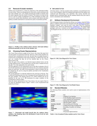 3.5 Removal of cluster members
Outliers may be detected in a cluster by inspection of the individual profiles
for each cluster. These can subsequently be removed by control-clicking on the
day in the calendar view, or by simply increasing the number of clusters until
the outlier separates from the cluster of interest. This needs to be done by the
user as it can be a matter of judgement as to what constitutes an outlier. The
user can also consult other documents, such as project work diaries and other
publicly available information to ascertain the causes of anomalous profiles.
Figure 6 - Profiles of the ambient cluster selected, with bank holidays
deselected manually by the user in the calendar view
3.6 Choosing Cluster Representatives
The Cluster Representatives graph on the Clusters tab, shows the mean level
for each cluster over each hour of the day. However, when cluster members are
removed from consideration by the user, this plot does not update because it
would involve recomputation of the entire clustering. To address this issue, the
user can visualise the data for all the selected days on the Cluster
Representative tab.
Since the goal of the analysis is to find the typical ambient levels, not the
average ambient levels, it was decided not to use the mean or median levels in
this plot. Two other approaches were used instead.
The first approach is to fit a polynomial curve to the data to generate a line of
best-fit that minimises the squared error between the curve and the measured
points for each hour. The order of the polynomial is three by default, but can
be changed by the user by using the spinbox provided in the Visualisation
Controls toolbox.
The second approach is to find the modal level for each hour of the day. This
is achieved by putting each level into a histogram bin and finding the bin with
the most members. The binning interval is 0.1 dB by default, but can be
modified by the user in 0.1 dB increments by using a spinbox in the
Visualisation Controls toolbox.
Once the cluster representatives have been chosen, the user exports them to
.csv files for subsequent analysis. Figure 7 shows a view of polynomial and
modal best-fit lines.
Figure 7 - Polynomial and modal best-fit lines for ambient cluster
members. The backdrop shows the distribution of noise levels for each
hour in 1dB bins
4 IMPLEMENTATION
All of the analysis, with the exception of the correlation, was performed in the
Noise Cluster program, which was modified and improved as the analysis was
conducted and shortcomings were identified. This section describes the
program and its constituent parts, and the standard libraries that were used to
assist in calculations and visualisations.
4.1 Software Development Environment
The environment chosen to develop the software was Eclipse, using the PyDev
add-on. Toolboxes and layouts were designed using the Qt Designer program.
Standard “widgets” were used for most views, apart from the Clustering
Calendar View, which was inherited from a QTableView. The programming
paradigm used was a variation on the Model-View-Presenter pattern. UML
Class diagrams for the views and view models are shown in Figure 8 and Figure
9.
Figure 8 - UML Class Diagram for View Classes
Figure 9 - UML Class Diagram for ViewModel Classes
4.2 Standard Modules
The following Python modules were used to assist in implementation of the
program:
Module Use
PyQt4 Graphical User Interface
Event Handling (signals and slots)
numpy Array handling and manipulation
pandas Internal data representation
Data file import / export
datetime, dateutil Date handling and offsetting
pickle Loading and saving of settings files
math Rounding of numbers for binning
matplotlib Plots
scipy Clustering
Polynomial approximations
Table 6 - List of standard Python modules used in Noise Cluster
 