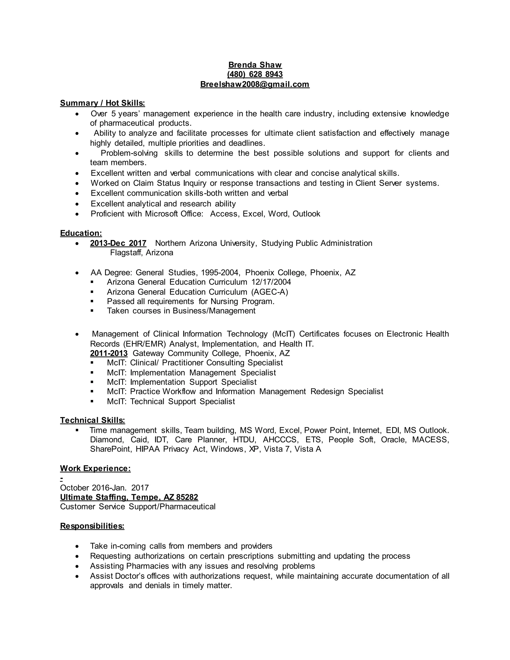 Brenda Shaw resume IV | DOCX | Healthcare Industry | Industries